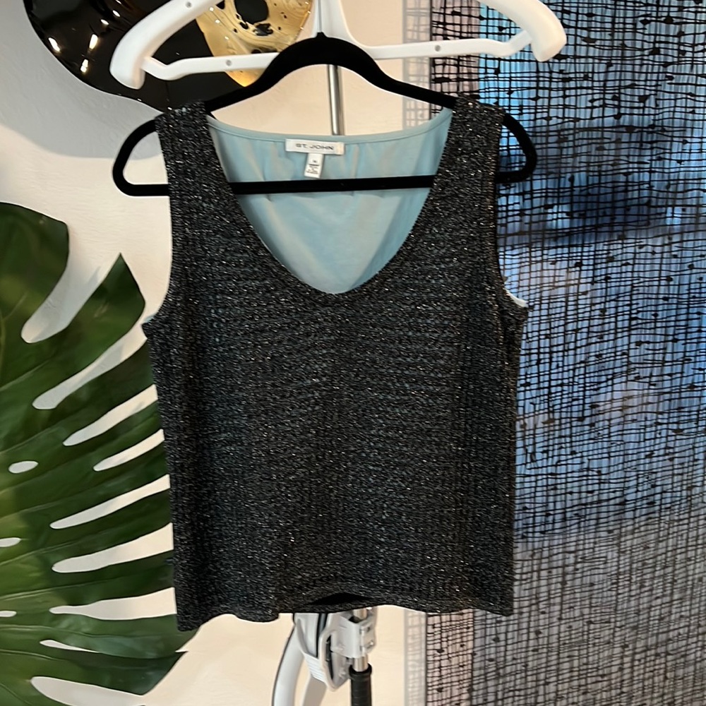 St. John Black Metallic Knit V-Neck Camisole